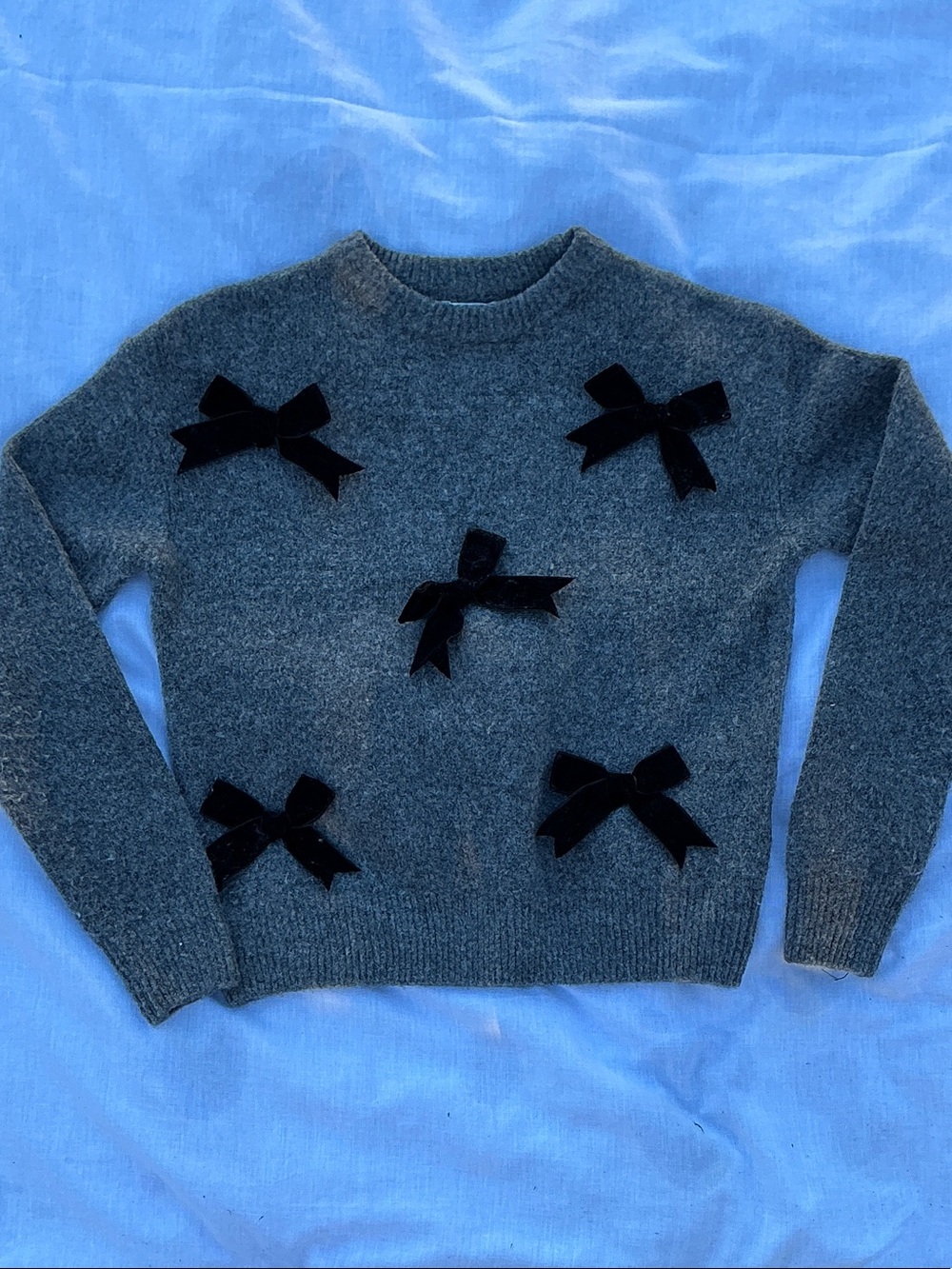 Primark Gray Crewneck Sweater with Black Bow Accents